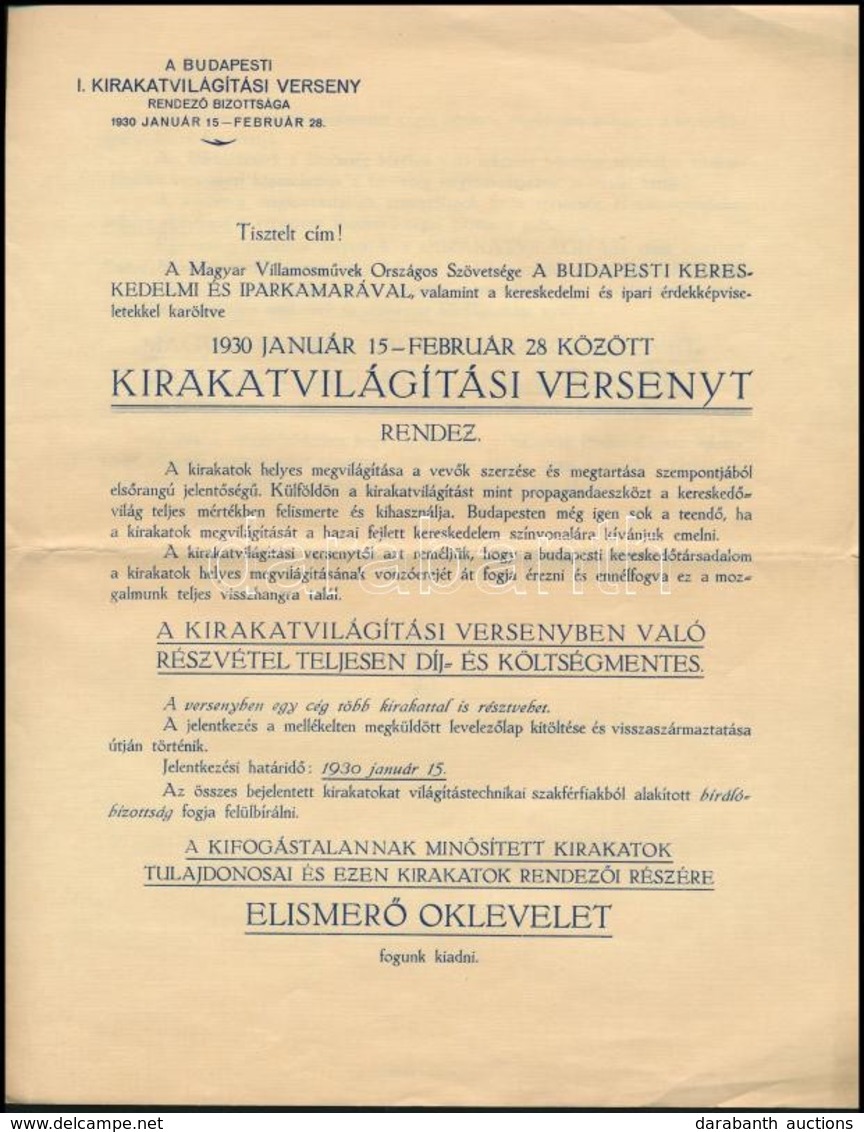 1929 I. Kirakatvilágítási Verseny Prospektusa. 1930 Január 15-február 28. Bp., Globus-ny., 4 P. - Ohne Zuordnung