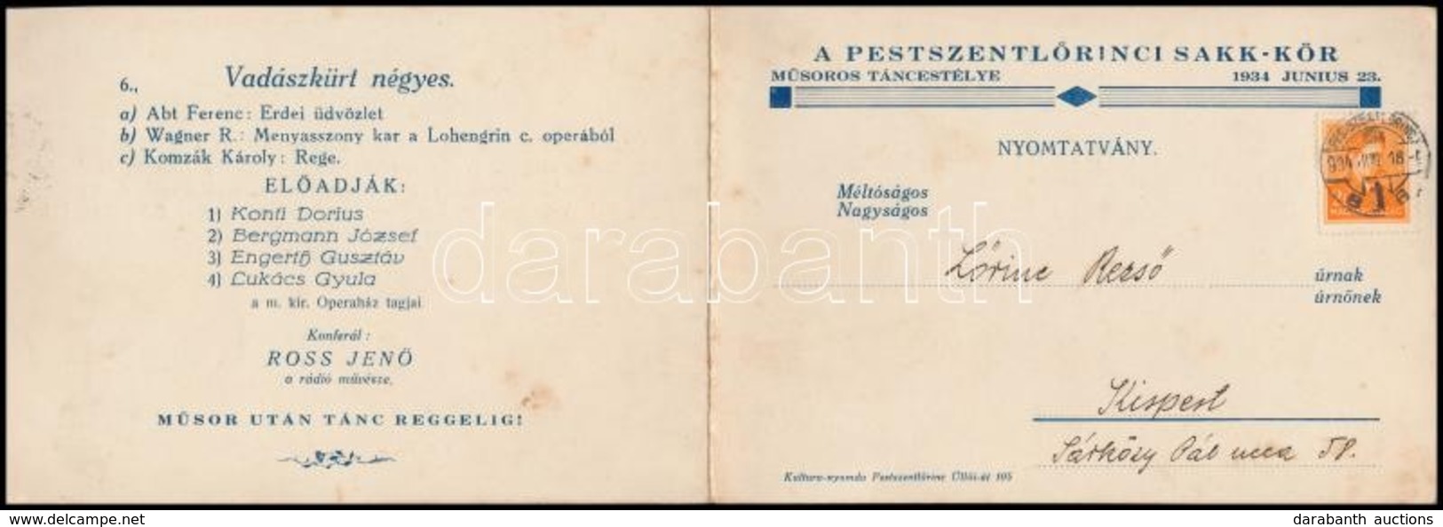 1934 Pestszentlőrinci Sakk-kör Névre Szóló Meghívója Műsoros Táncestélyre, - Ohne Zuordnung