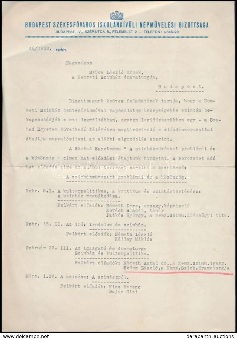 1938 A Nemezeti Színház Jubileuma Kapcsán Tervezett Szabadegyetem Műsora és Felkérő Levele - Ohne Zuordnung