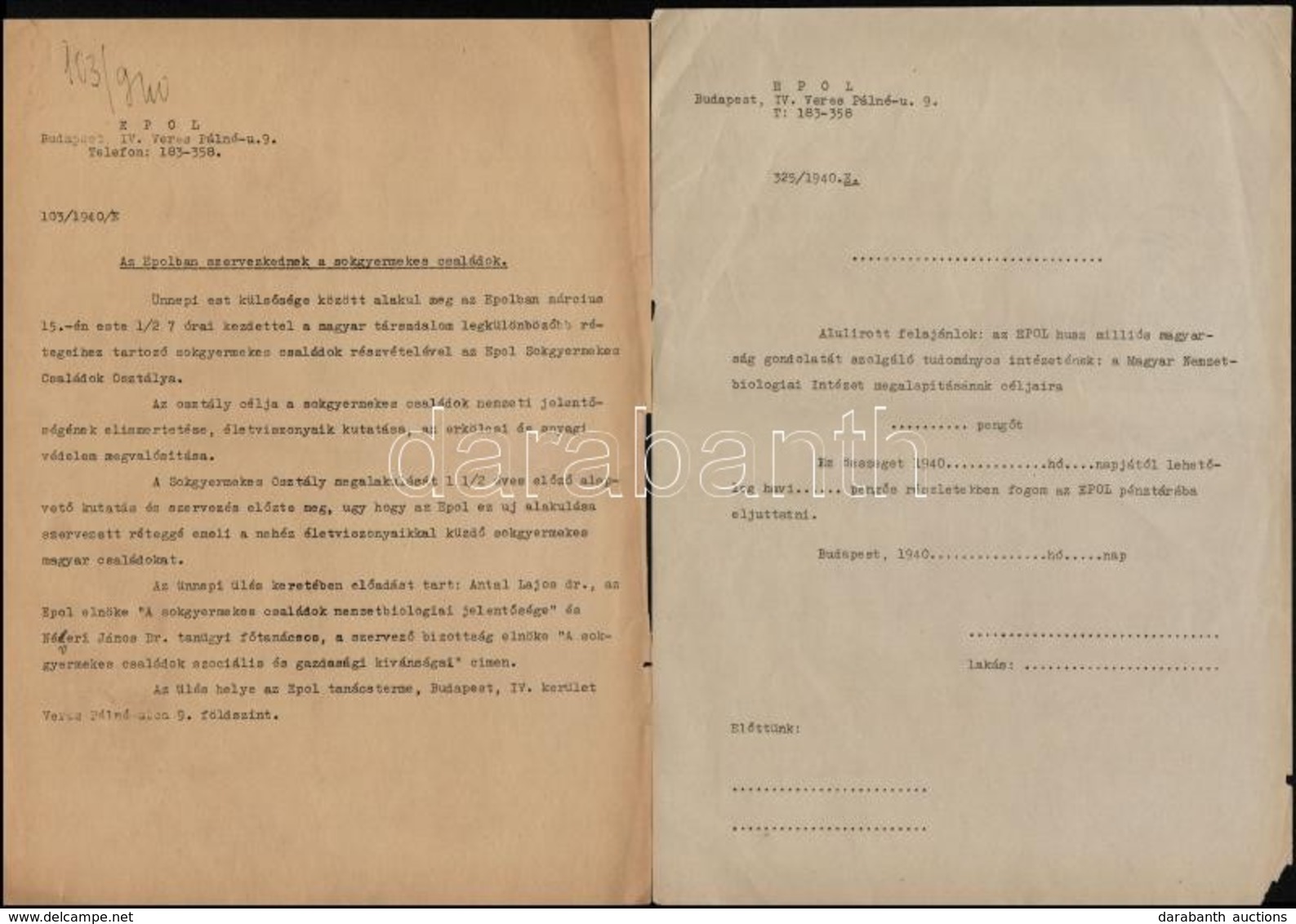 1945 Az EPOL Sokgyermekes Családok Osztálya 4 Db Nyomtatvány - Unclassified