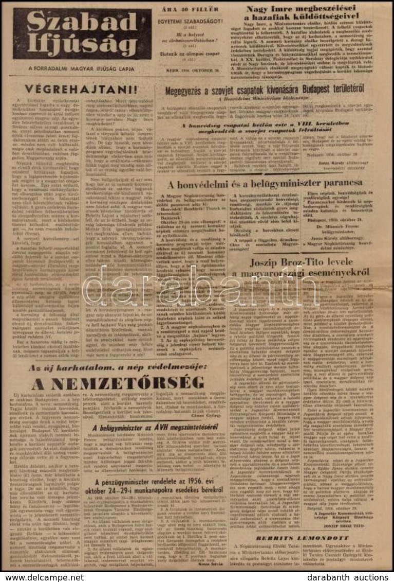 1956 Szabad Ifjuság. A Forradalmi Magyar Ifjúság Lapja. 1956. Október. 30. - Unclassified
