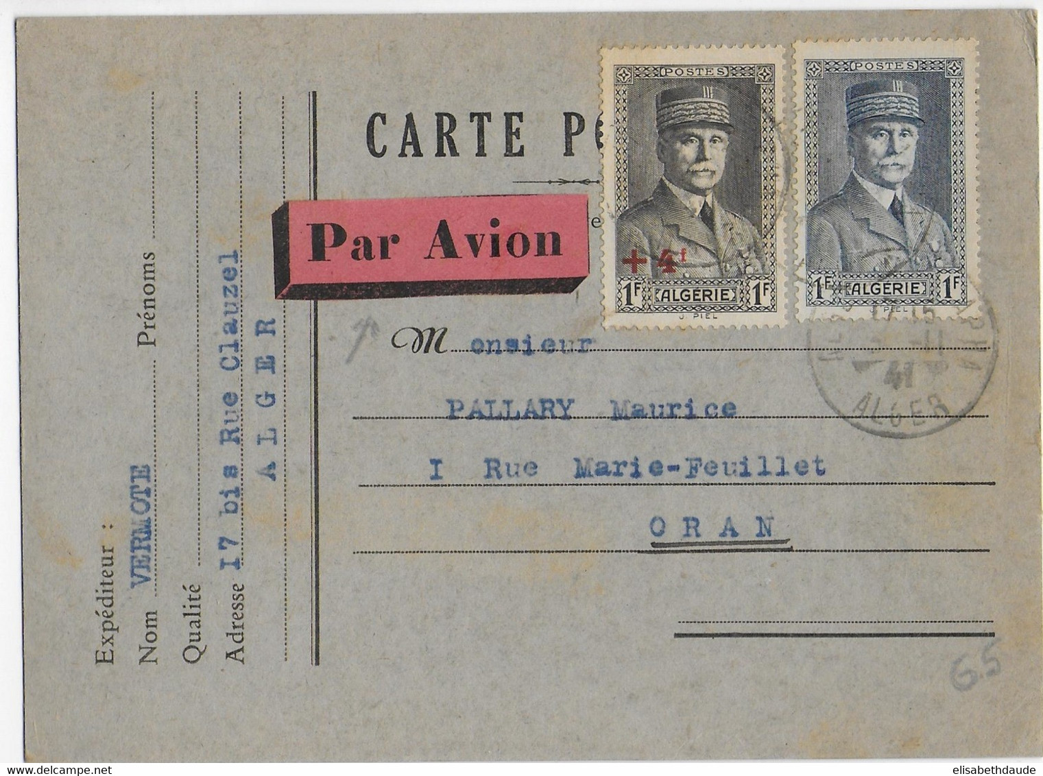 ALGERIE - 1941 - PETAIN - CARTE Par AVION De ALGER  => ORAN - Lettres & Documents