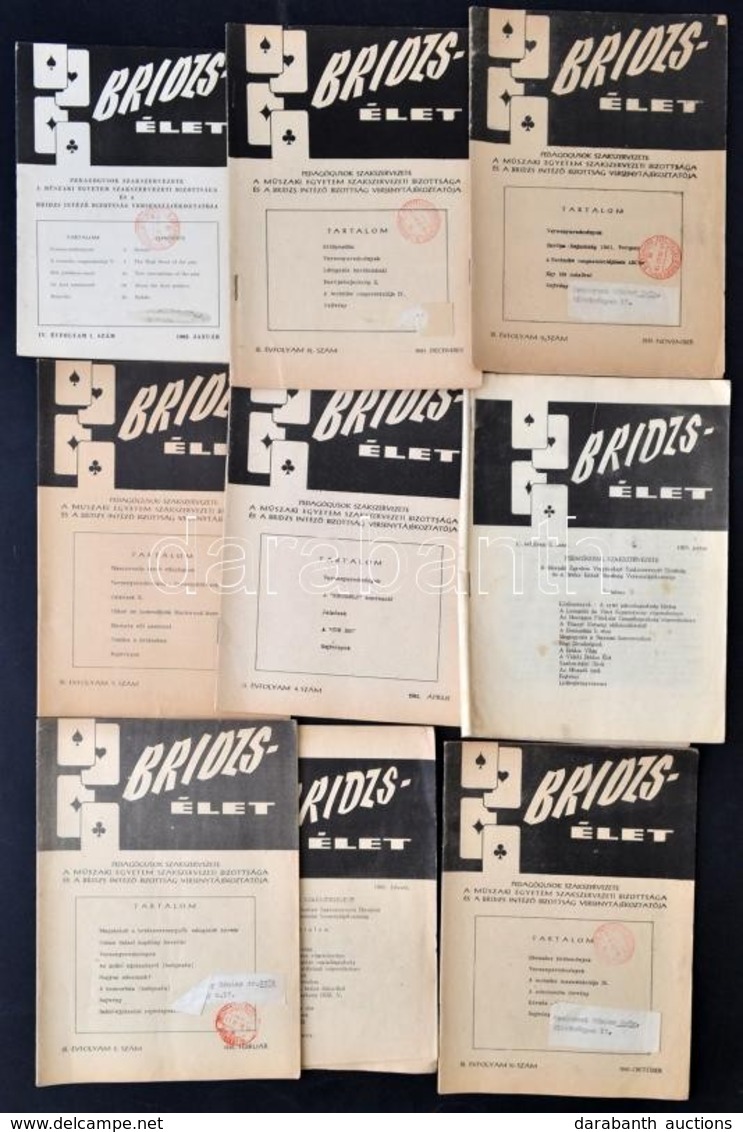 1960-1962 Bridzs-élet Folyóirat 9 Száma: II. évf. 2.,6. Számok, III. évf. 2.,4-5.,10-12. Számok, IV. évf. 1. Számok. - Unclassified