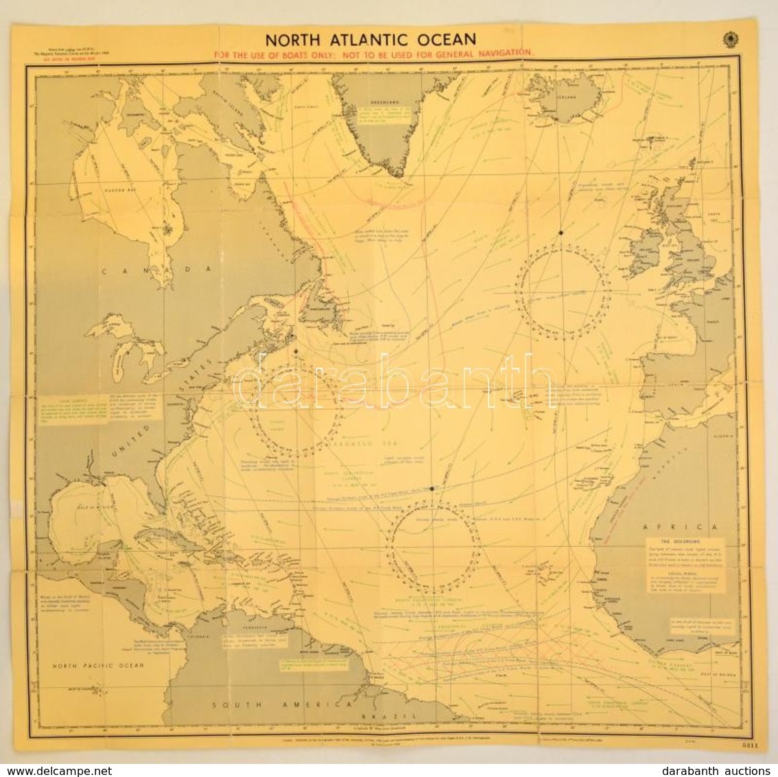 1960 North Atlantic Ocean, Nagyméretű Térkép, Hydrographic Office, A Hajtások Mentén Kis Sérülésekkel, 85×80 Cm - Unclassified