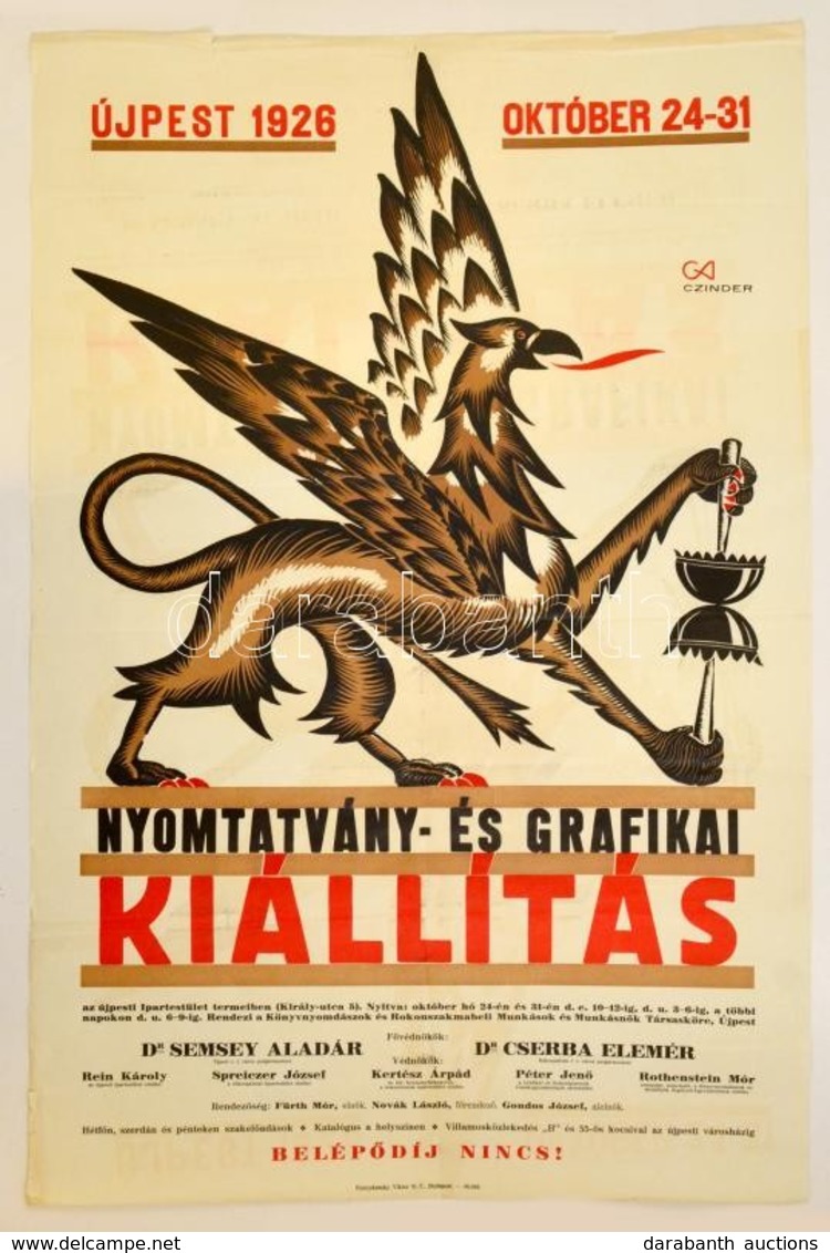 1926 Újpest, Nyomtatvány és Grafikai Kiállítás Plakát, Jelzett (Czinder), Hajtásnyommal,  Kis Szakadással, 94x63 Cm - Sonstige & Ohne Zuordnung