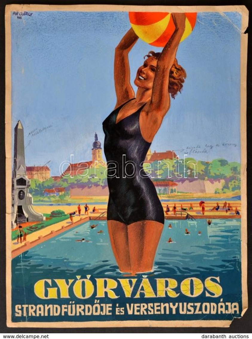 1933 Pál György (1906-1986): Győr Város Strandfürdője és Versenyuszodája, Plakátterv, Vegyes Technika, Papír, Szélén Kis - Other & Unclassified