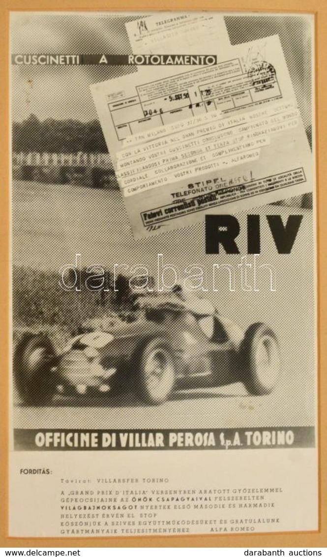 1950 Alfa Romeo Köszönő Reklámnyomtatványa, A Szintén Olasz RIV Cégnek, Amiben Megköszönik A Csapágyaikat, Amelyek Segít - Sonstige & Ohne Zuordnung