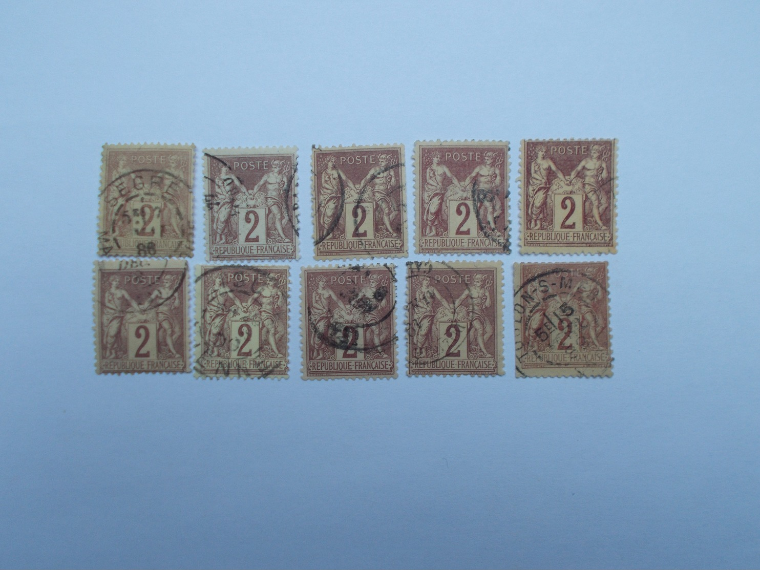 LOT DE 10 TIMBRES OBLITERES 2 C BRUN-ROUGE - 1876-1898 Sage (Type II)