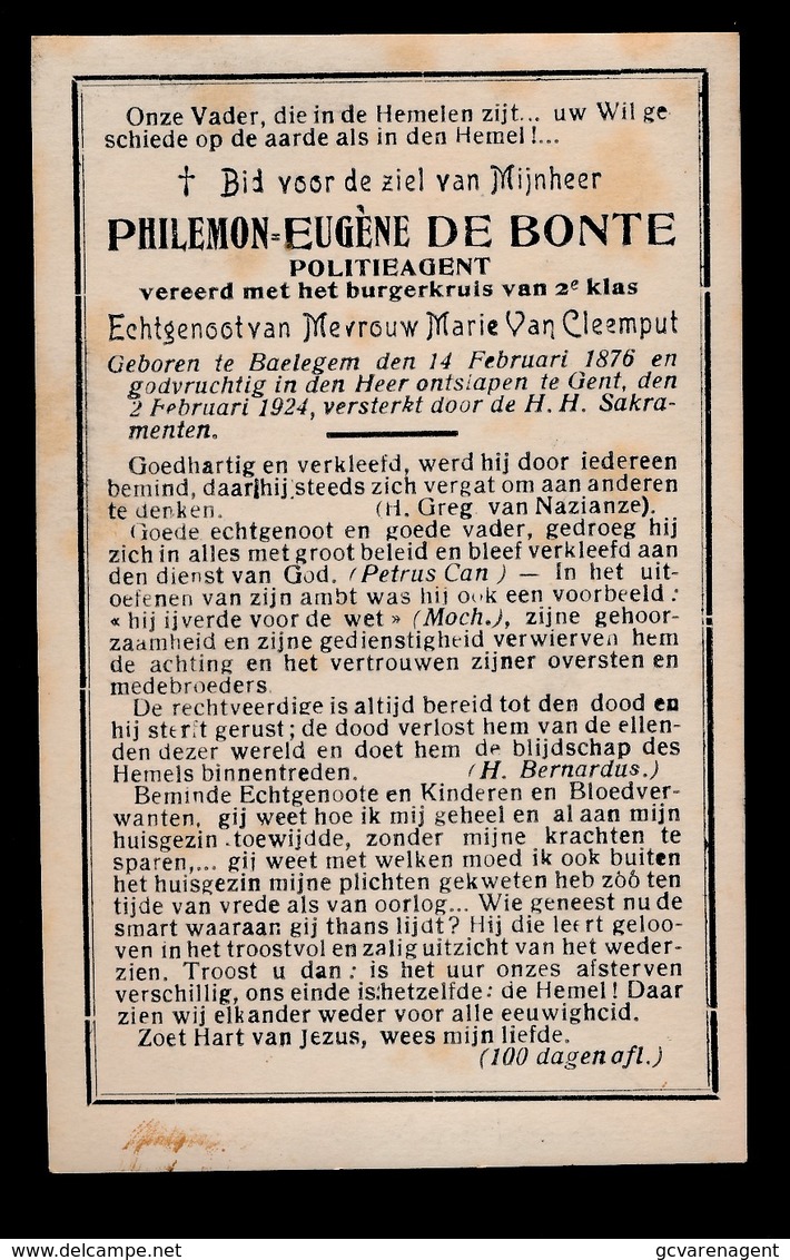 PHILEMON DE BONTE - POLITIEAGENT - BAELEGEM 1876 - GENT 1924  - 2 AFBEELDINGEN - Décès