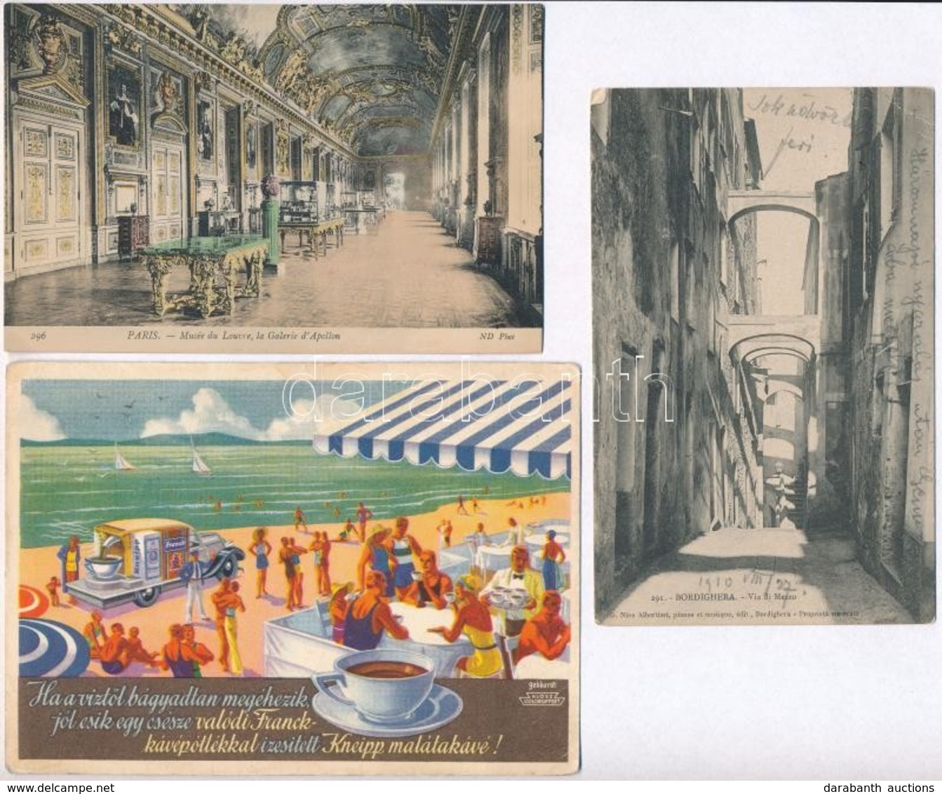 ** 3 Db RÉGI Képeslap / 3 Pre-1945 Postcards: Bordighera, Paris, Frankc Coffee Advertisement - Unclassified