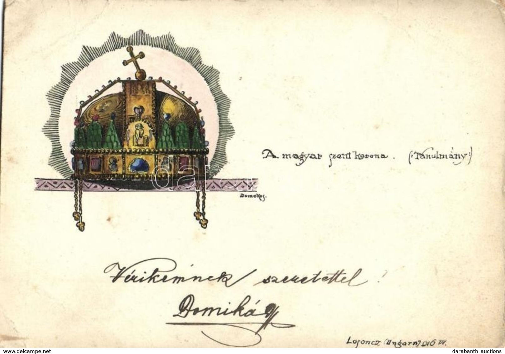 * T2/T3 1916 A Magyar Szent Korona (tanulmány). Saját Kézzel Rajzolt / Hungarian Holy Crown (study). Hand-drawn S: Domok - Ohne Zuordnung