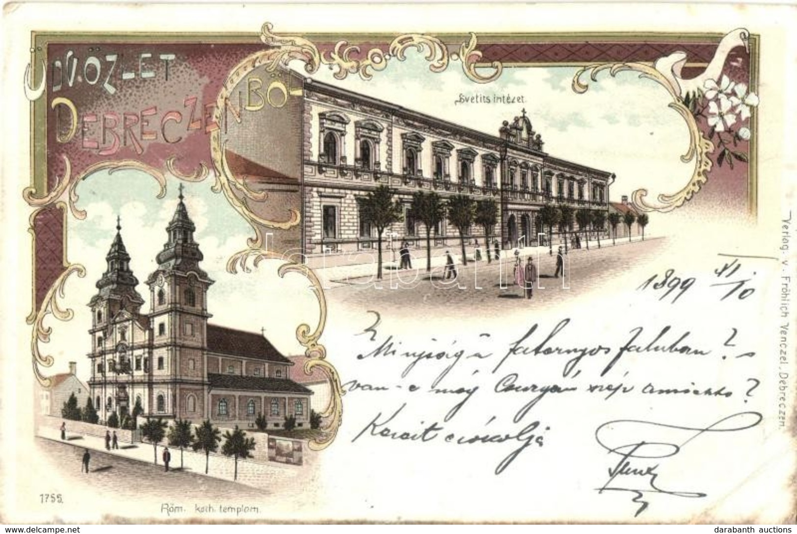 T3 1899 Debrecen, Svetits Intézet, Római Katolikus Templom. Fröhlich Vencel Kiadása. Art Nouveau, Litho  (EK) - Unclassified