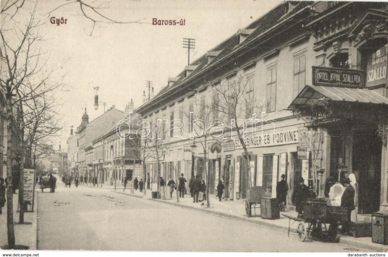 T2/T3 1911 Győr, Baross út, Hotel Royal Szálloda, Schlesinger és Podvinecz, Kováts Dezső, Perl Dávid üzlete. Kiadja Herm - Ohne Zuordnung