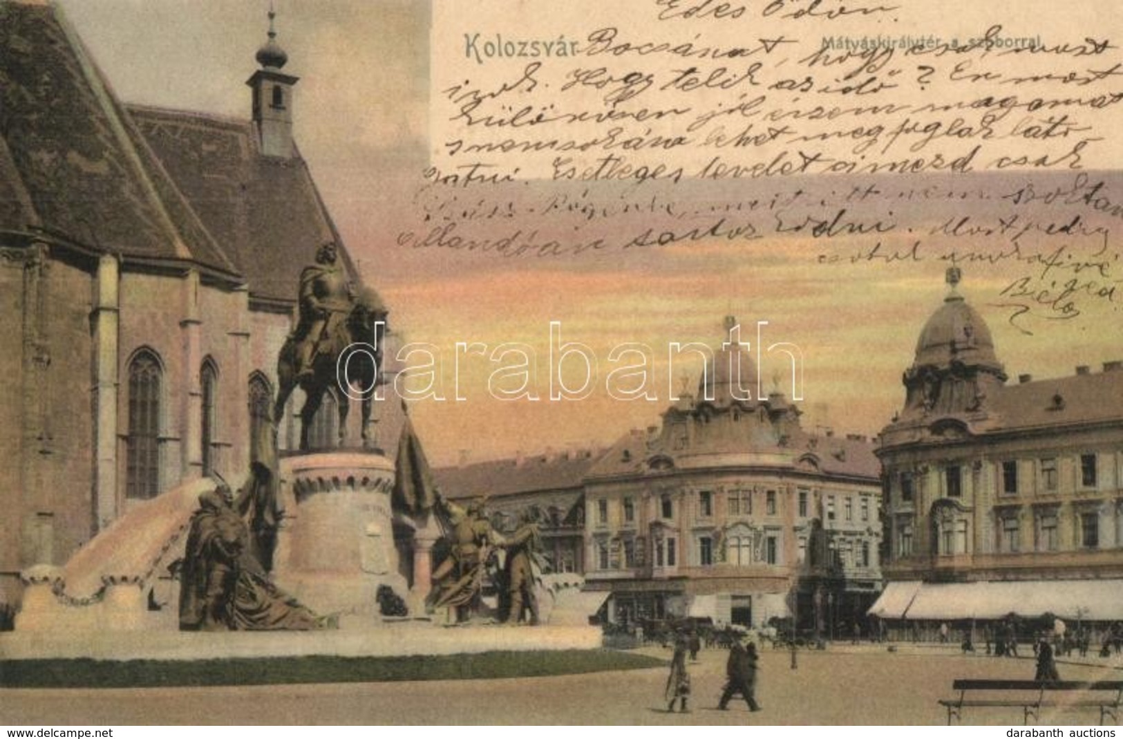T2 1904 Kolozsvár, Cluj; Mátyás Király Tér A Szoborral, üzletek / Mathias Rex Statue, Shops - Unclassified