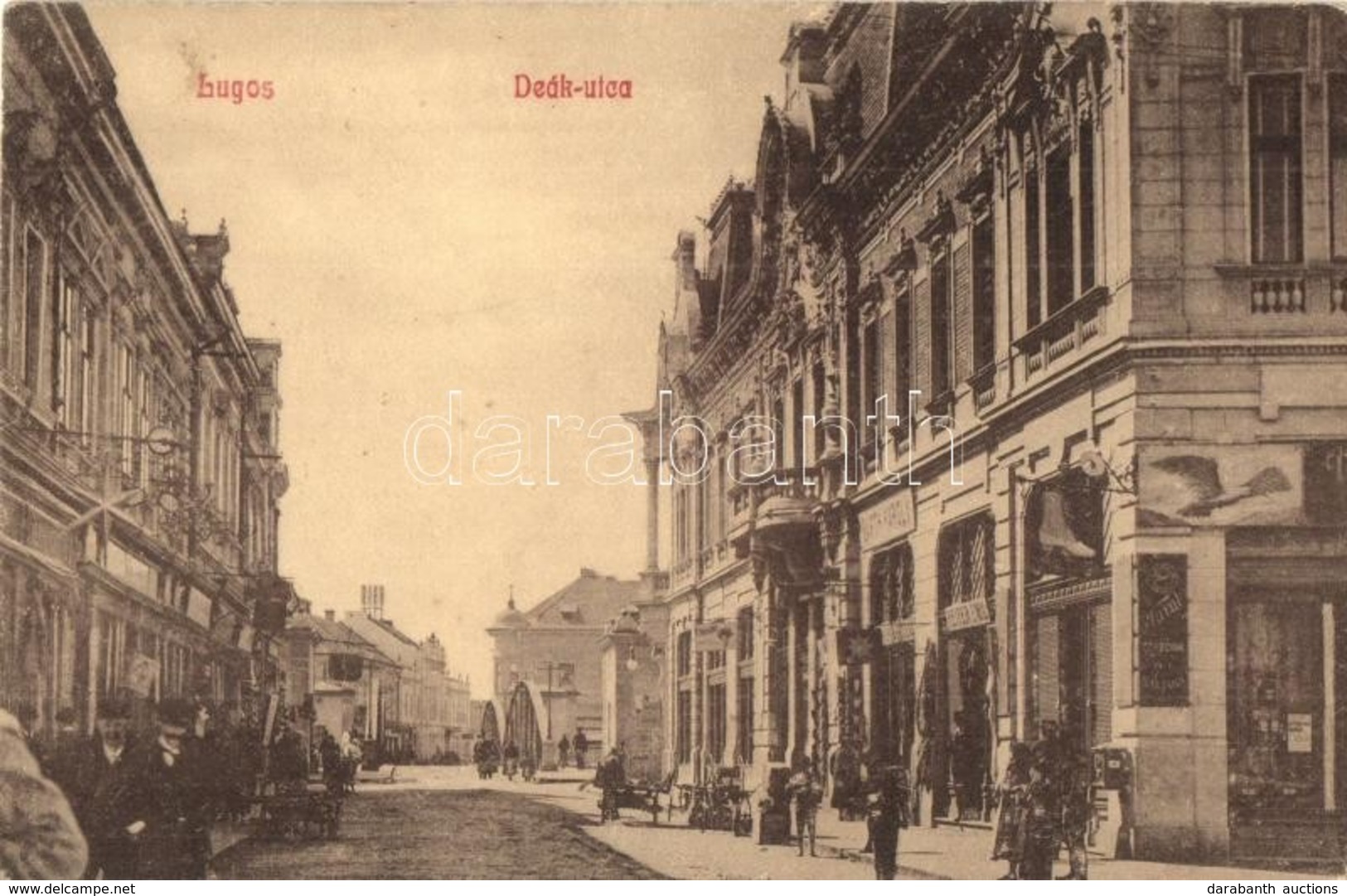 * T2 Lugos, Lugoj; Deák Utca, Turul Cipőgyár, Reiter Emil és Barth Károly üzlete. Sziklai Lajos Kiadása / Street, Shops - Unclassified