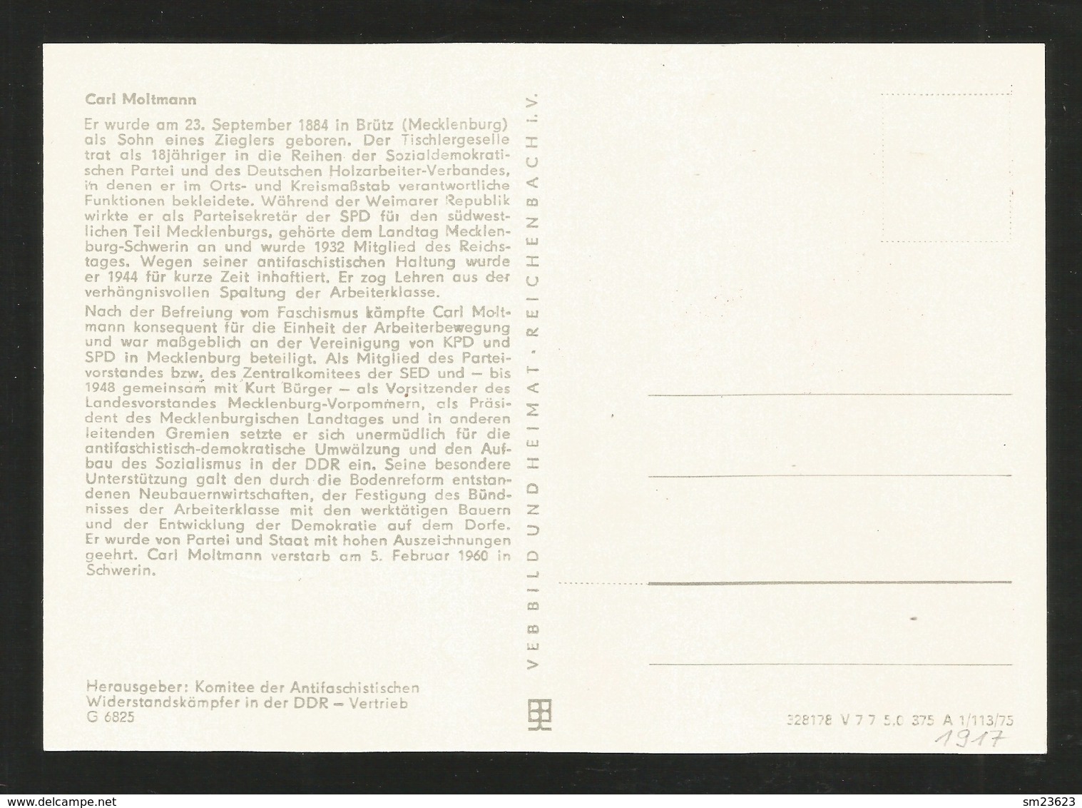 DDR 1974  Mi.Nr. 1917 , Carl Moltmann - Persönlichkeiten Der Deutschen Arbeiterbewegung - Maximum Karte - 9.-7.74 - Maximumkarten (MC)