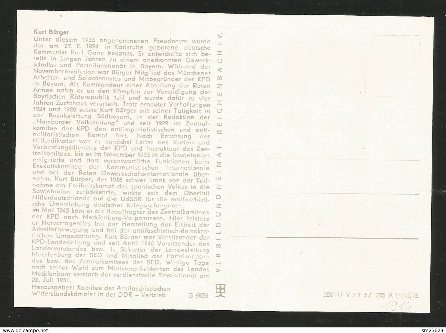 DDR 1974  Mi.Nr. 1916 , Kurt Bürger - Persönlichkeiten Der Deutschen Arbeiterbewegung - Maximum Karte - 9.-7.74 - Maximumkarten (MC)