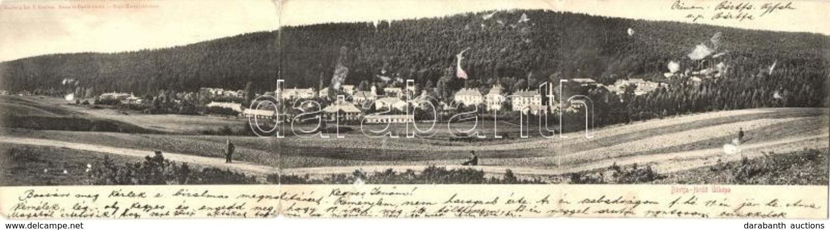 T3 1902 Bártfa-fürdő, Bardejovské Kúpele, Bardiov; Eschwig Ede F. Kiadása. Három-része Panorámalap / 3-tiled Panoramacar - Ohne Zuordnung