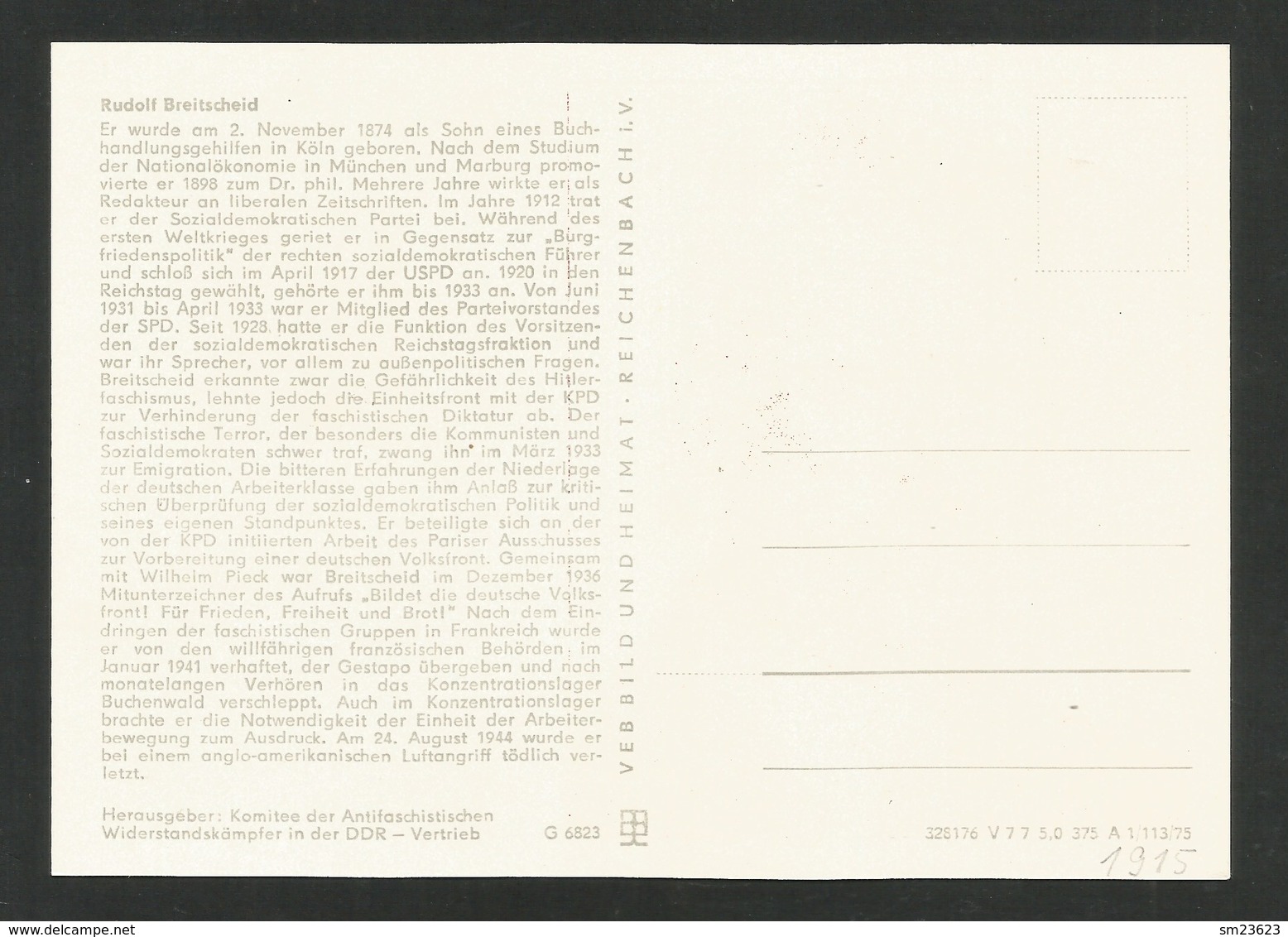 DDR 1974  Mi.Nr. 1915 , Rudolf Breitenscheid - Persönlichkeiten Der Deutschen Arbeiterbewegung - Maximum Karte - 9.-7.74 - Maximumkarten (MC)