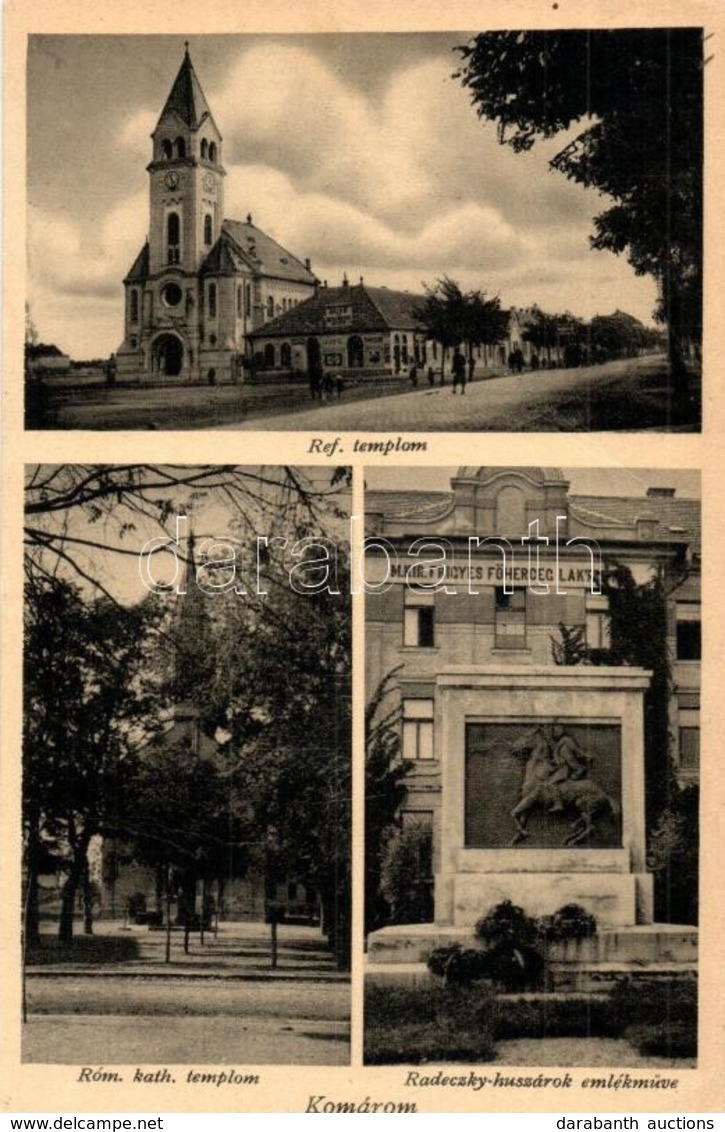 T3 Komárom, Komárno; Radeczky Huszárok Emlékműve Református és Katolikus Templomok / Hussars Statue, Churches (Rb) - Ohne Zuordnung