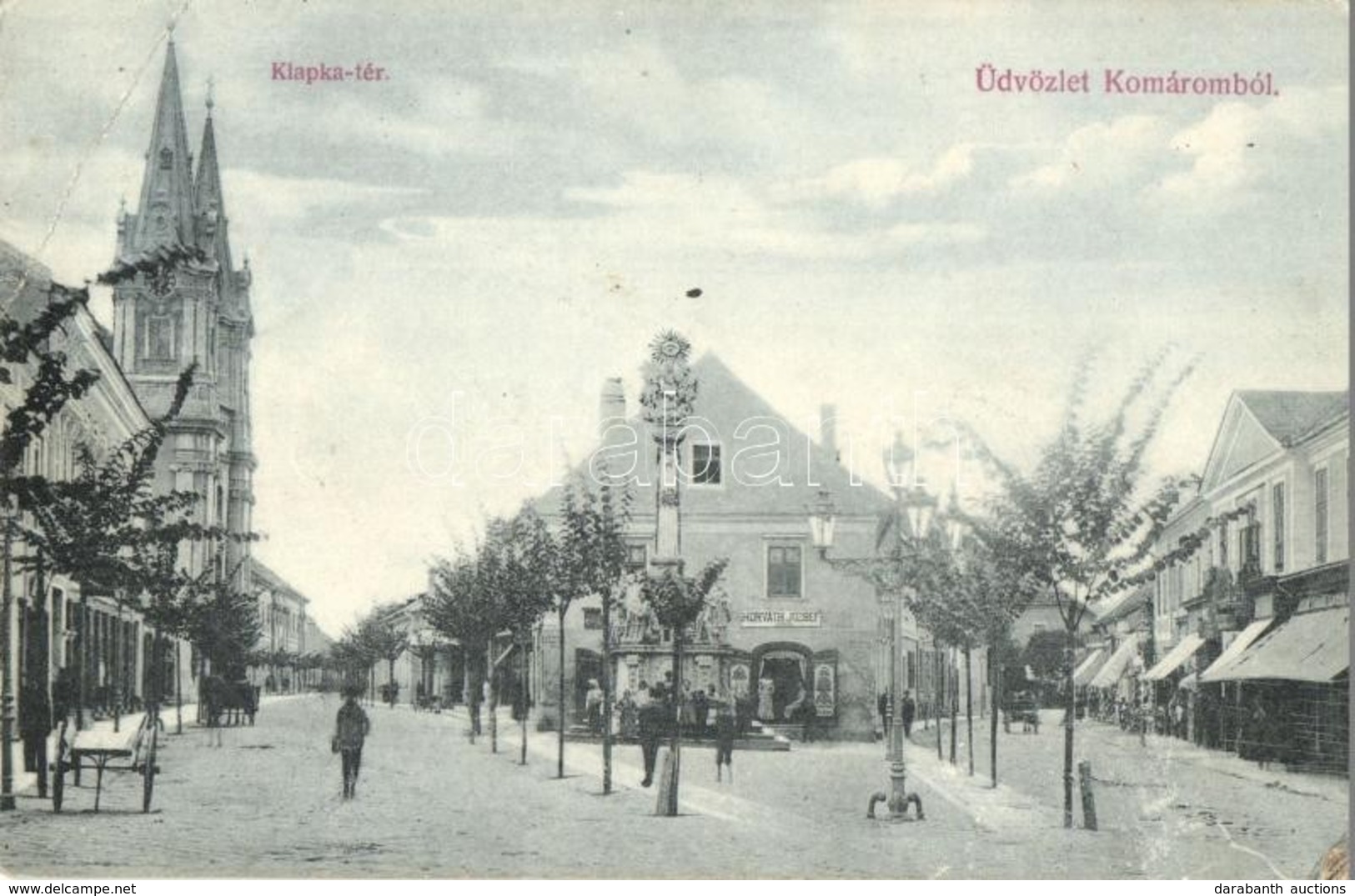 T3 1909 Komárom, Komárno; Klapka Tér, Horváth József üzlete, Szentháromság Szobor. Kiadja Czike Dénes / Square, Shops, T - Unclassified