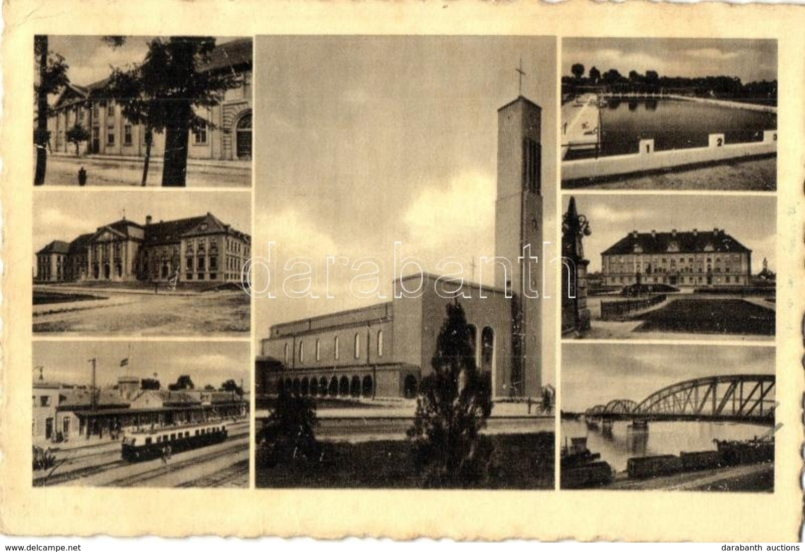 T2/T3 Komárom, Komárno; Mozaiklap, Vasútállomás, Templom, Híd, Strand / Multi-view Postcard With Railway Station, Church - Unclassified
