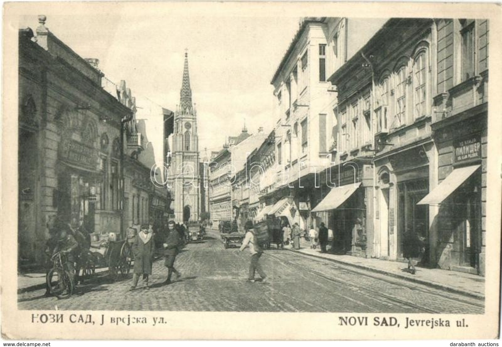 ** T2/T3 Újvidék, Novi Sad; Jevrejska Utca, Nikola Krausz és Ilija Piliser üzlete / Street View With Shops And Church (E - Ohne Zuordnung