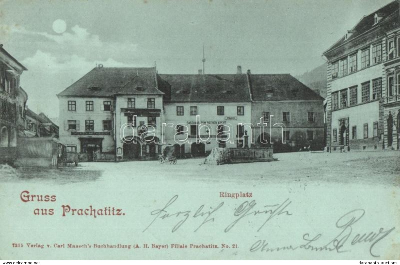 T2 1899 Prachatice, Prachatitz; Ringplatz, Gasthaus Zum Rothen Kreuz, Cafe Restaurant Habsburg / Square, Guest House, Sh - Ohne Zuordnung