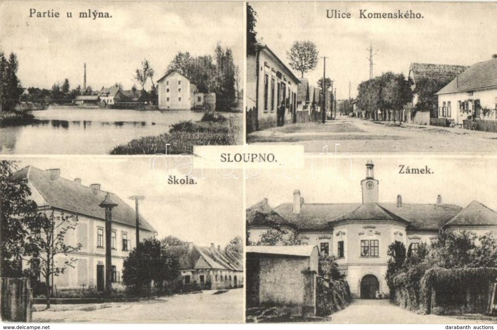 T2/T3 Sloupno, Ulice Komenského, Skola, Zámek, Mlyna / Street, School, Castle, Mill - Unclassified