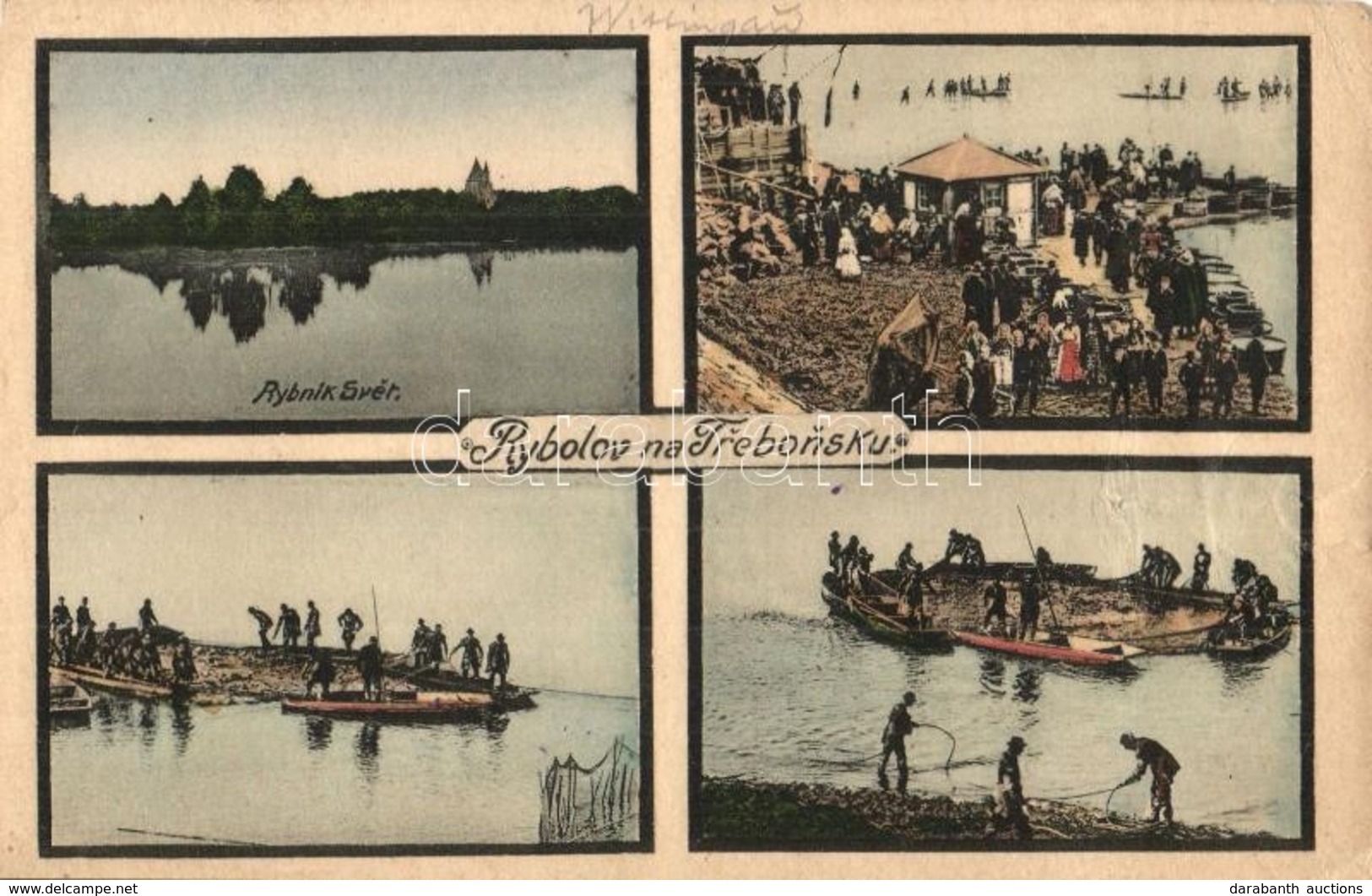 T3 Trebon, Rybnik Svet. Nakl. Oldrich Semrád / Svet Lake, Fishing Boats, Fishermen, Market On The Shore (gyűrődés / Crea - Unclassified