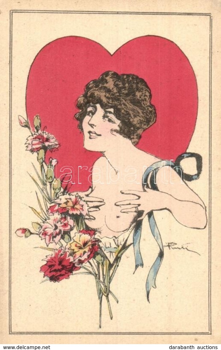 ** T2/T3 Fleurs D'Amour / Nude Lady, Erotic Art Postcard, SErie No. 46. (kopott Sarkak / Worn Corners) - Unclassified