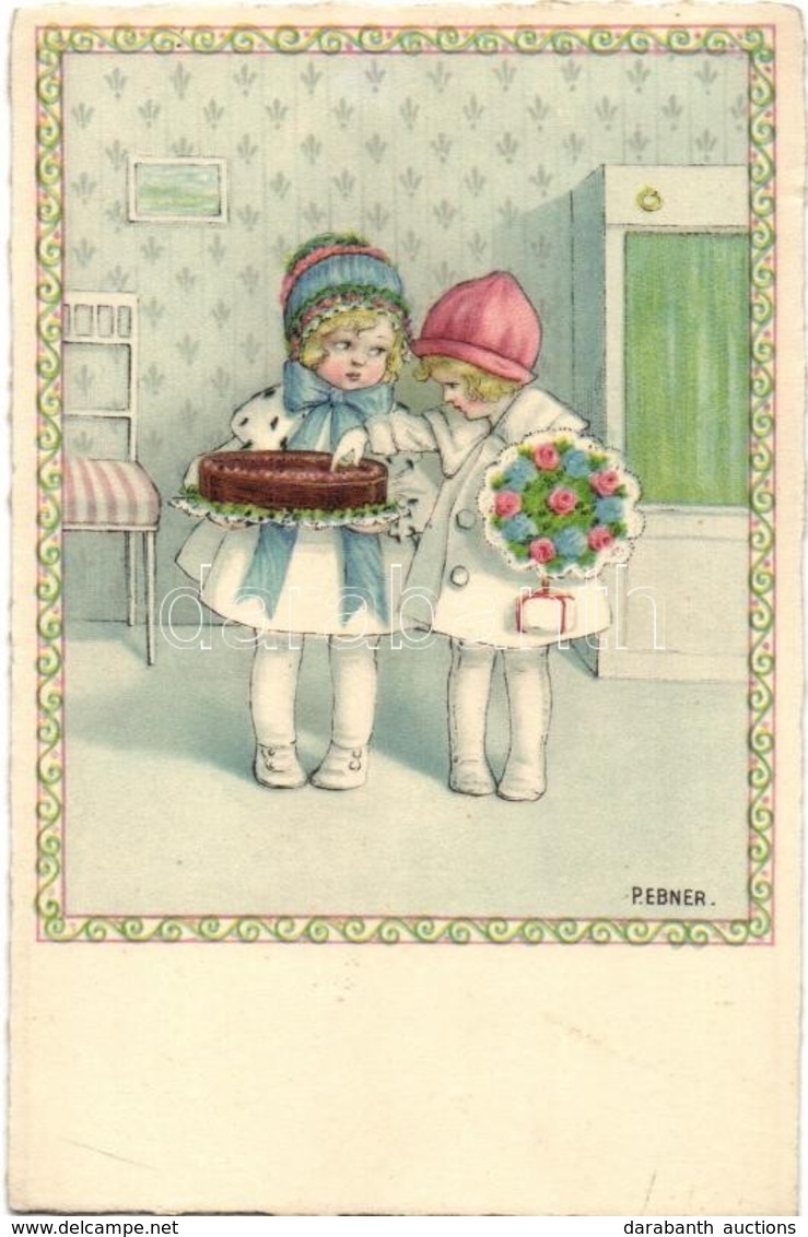 T2 Children With Cake And Flower, Art Postcard, S: Pauli Ebner - Ohne Zuordnung