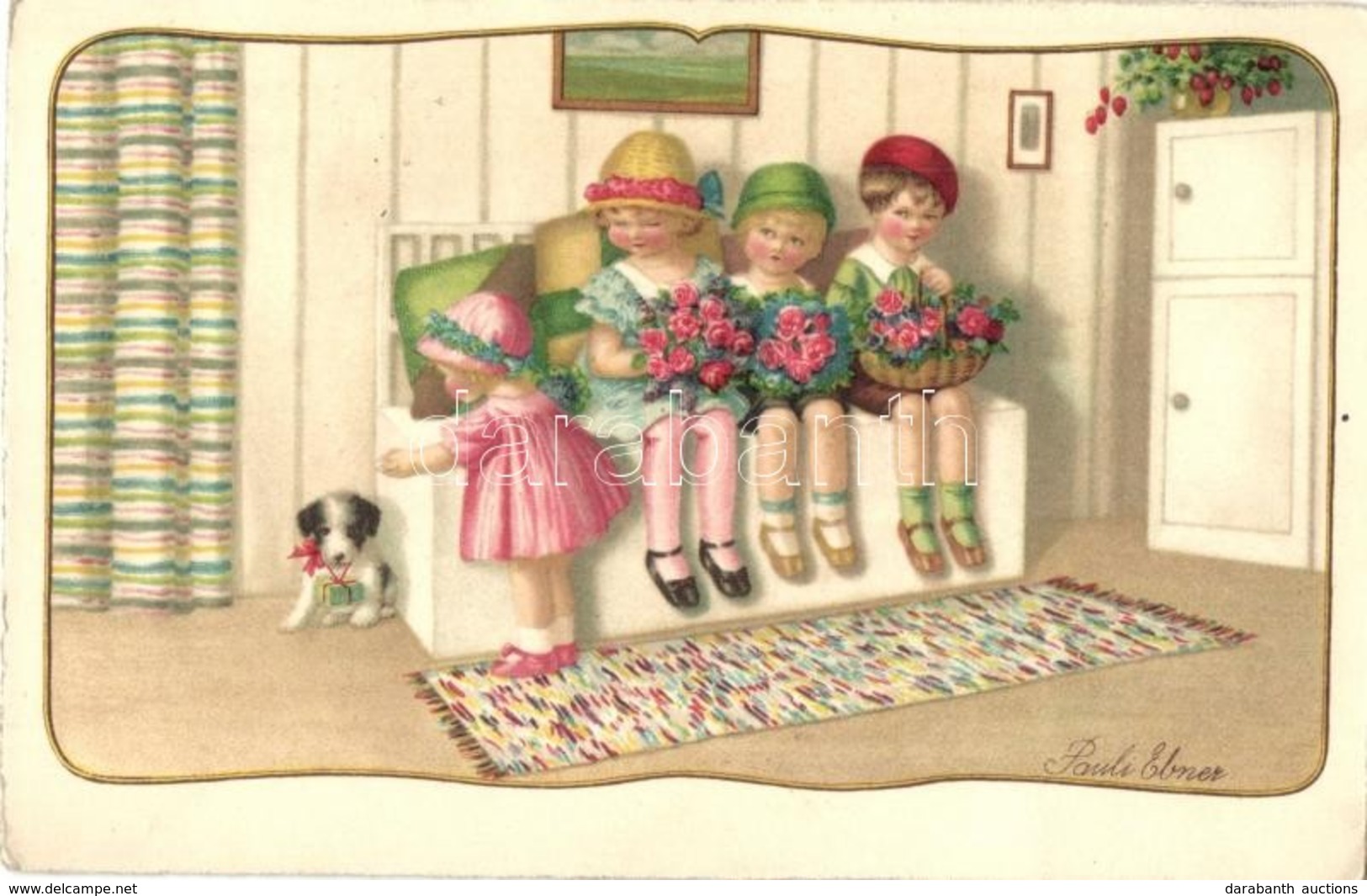 T2 Children With Dog And Flowers, Art Postcard, S: Pauli Ebner - Ohne Zuordnung