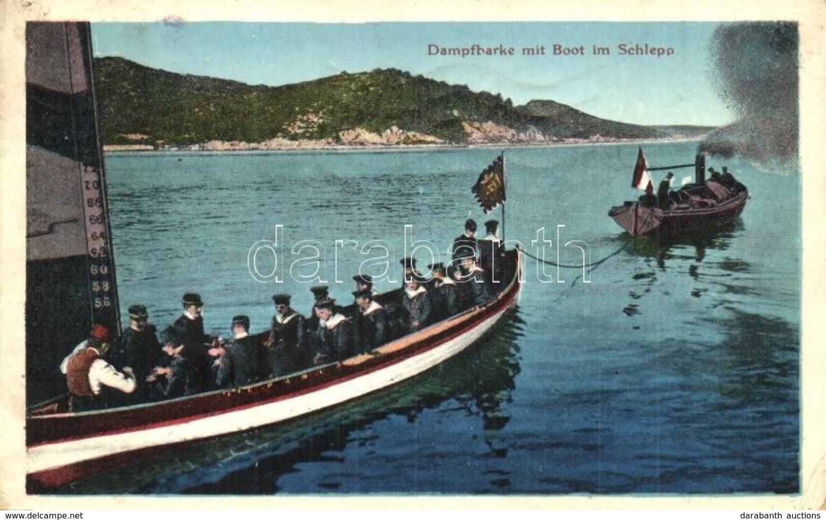 * T2/T3 Dampfbarke Mit Boot Im Schlepp. G. C. Pola / K.u.K. Kriegsmarine, Steamship Towing A Boat With Mariners - Unclassified