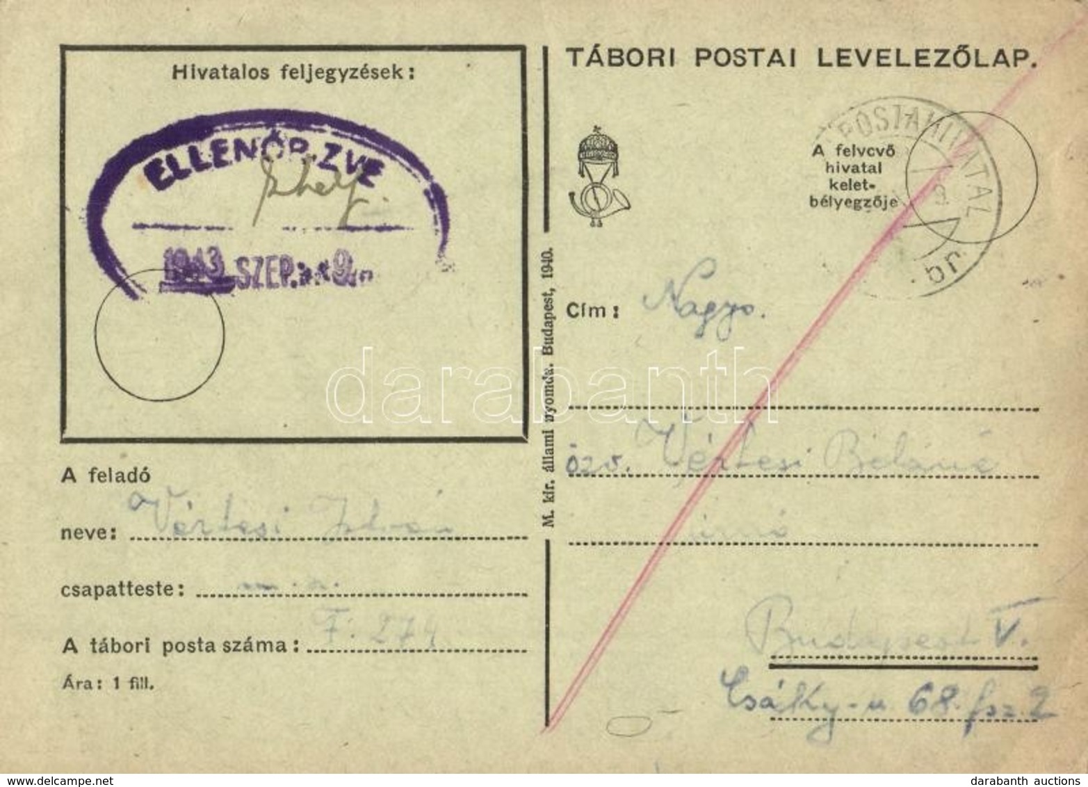 T2/T3 1943 Vértesi István Zsidó KMSZ (közérdekű Munkaszolgálatos) Levele édesanyjának özv. Vértesi Béláné úrnőnek. M. Sz - Ohne Zuordnung