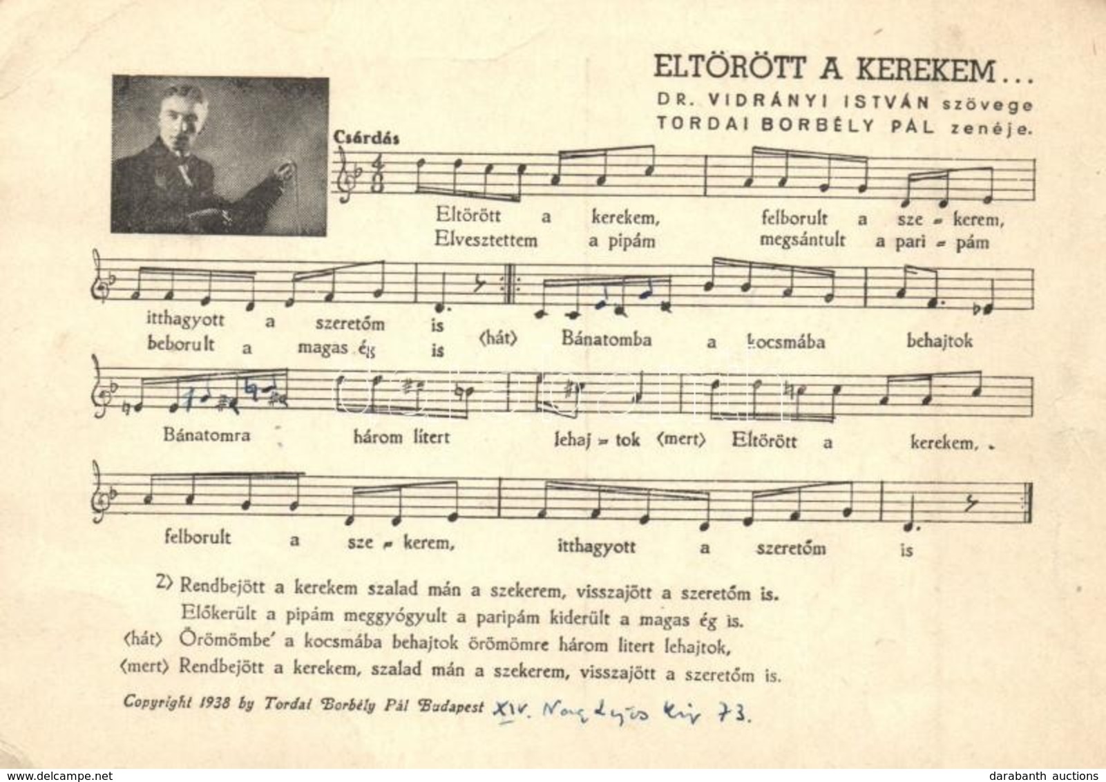 T2/T3 Eltörött A Kerekem... Dr. Vidrányi István Szövege és Tordai Borbély Pál Zenéje. Kottás Lap / Hungarian Music Sheet - Unclassified