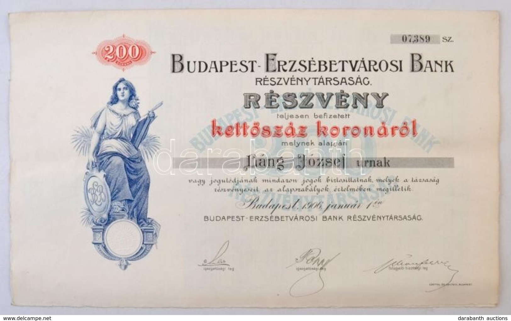 Budapest 1906. 'Budapest- Erzsébetvárosi Bank Részvénytársaság' Névre Szóló Részvénye 200K-ról, Szárazpecséttel és Szelv - Unclassified