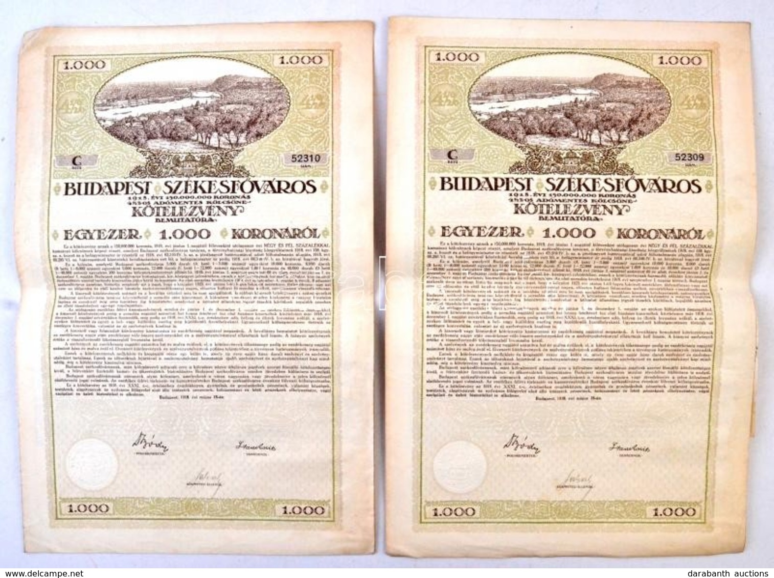 Budapest 1918. 'Budapest Székesfőváros' Kötelezvény 1000K-ról (2x) Sorszámkövetők, Magyar és Német Nyelven, Szelvényekke - Unclassified