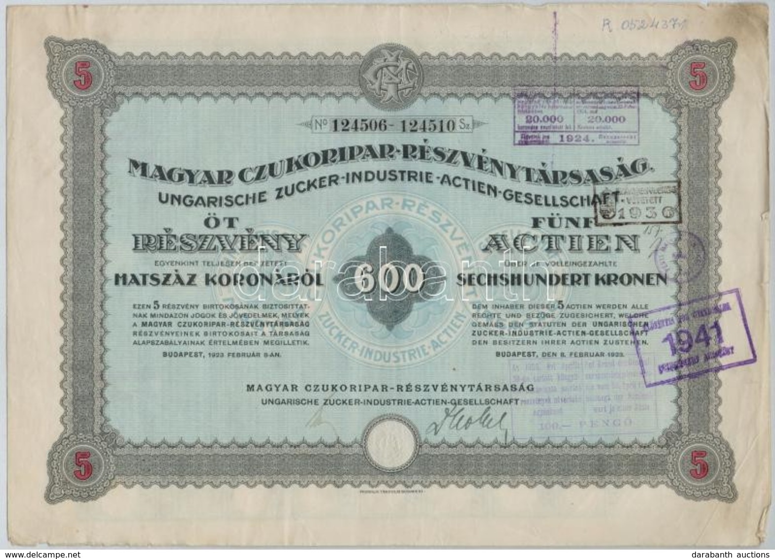 Budapest 1923. 'Magyar Czukoripar Részvénytársaság' 5 Részvénye Egyenként 600K-ról, Szelvényekkel, Szárazpecséttel és Bé - Unclassified