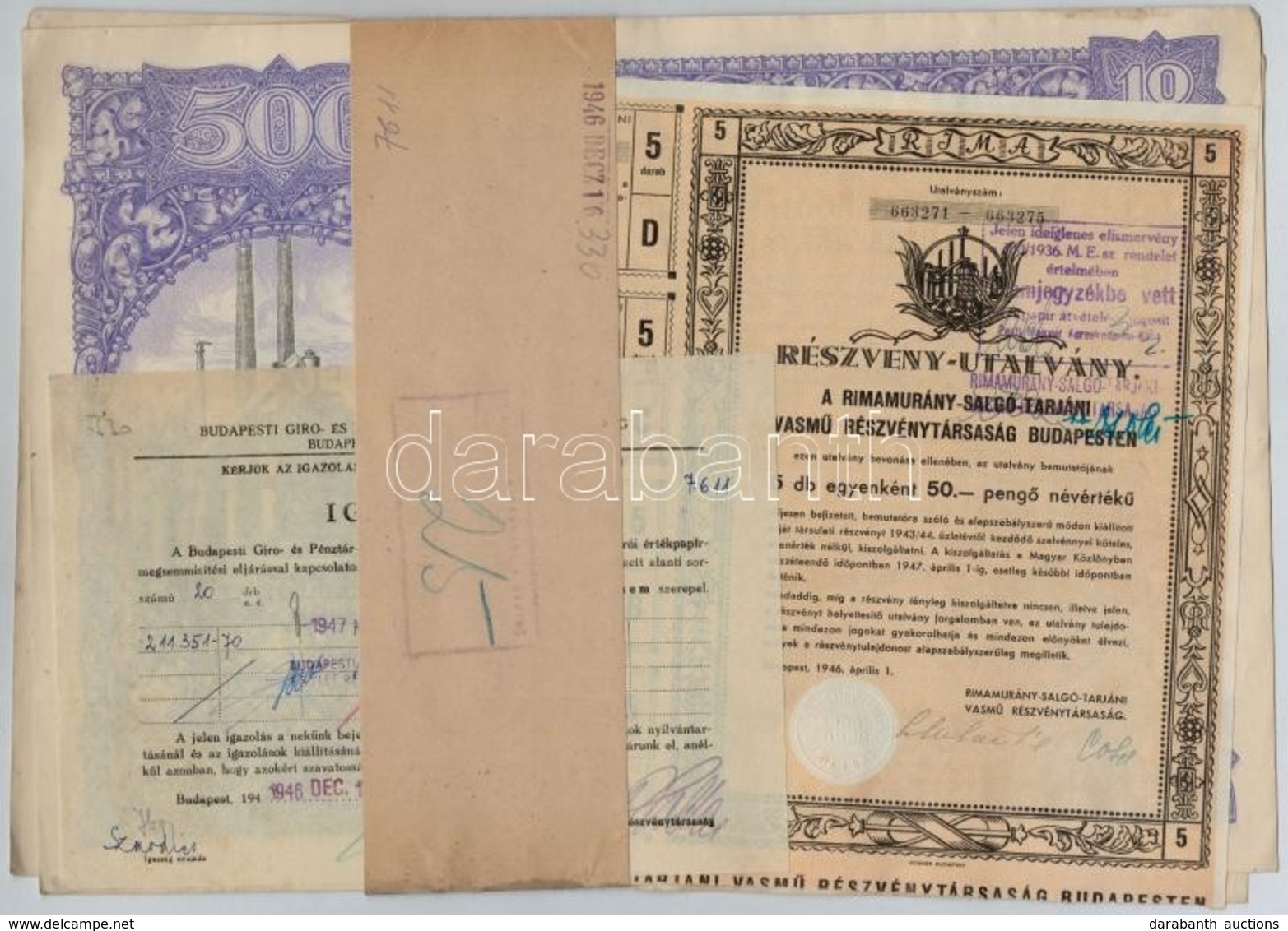 Budapest 1925. 'Rimamurány-Salgó-Tarjáni Vasmű Részvény-Társaság' Tíz Részvénye Egyenként 50P-ről, összesen 500P-ről (2x - Ohne Zuordnung