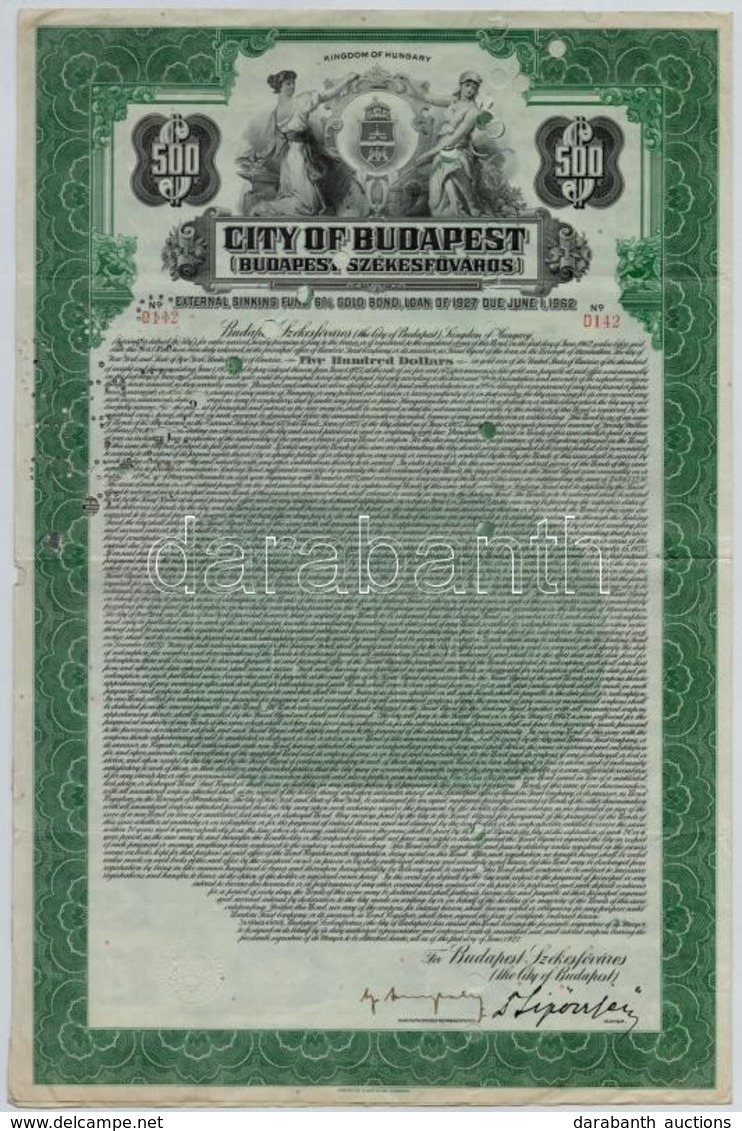 Budapest 1927. 'Budapest Székesfőváros' Részvény 500$-ról, Szelvényekkel, Lyukasztással érvénytelenítve T:III - Unclassified