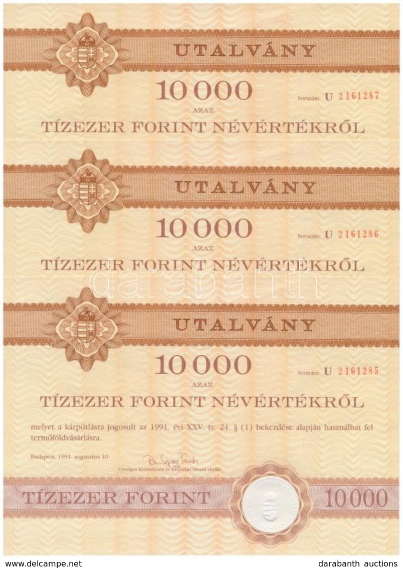 1991. Kárpótlási Jegyről Szóló Utalvány 10.000Ft-os Névértékben (3x) Sorszámkövetők, 'U' Sorozat', Szárazpecséttel T:I - Unclassified