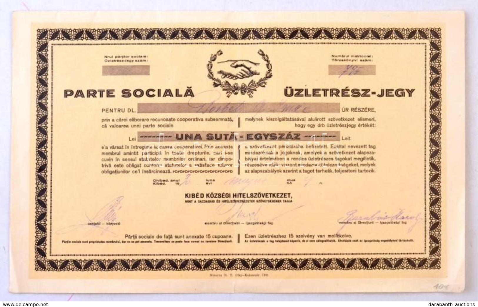 Románia / Kibéd 1930. 'Kibéd Községi Hitelszövetkezet' üzletrész-jegye 100L-ről, Két Nyelven, Szelvényekkel T:III
Romani - Ohne Zuordnung