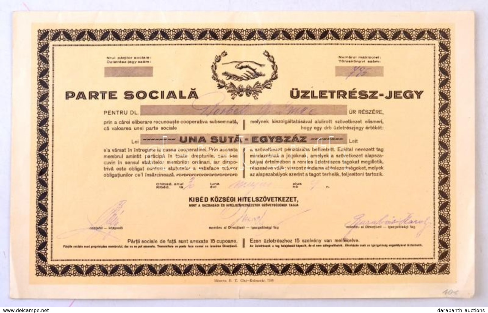 Románia / Kibéd 1930. 'Kibéd Községi Hitelszövetkezet' üzletrész-jegye 100L-ről, Két Nyelven, Szelvényekkel T:III
Romani - Unclassified