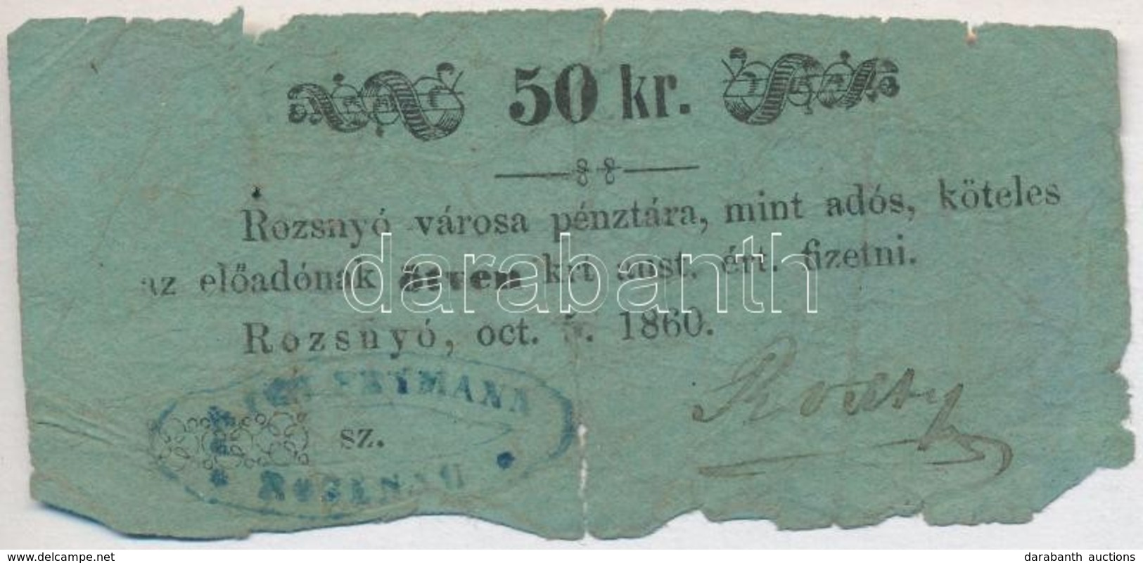 Rozsnyó 1860. 50kr 'Rozsnyó Városa Pénztára, Mint Adós' T:III-,IV
Adamo ROZ-3.3.2 - Unclassified