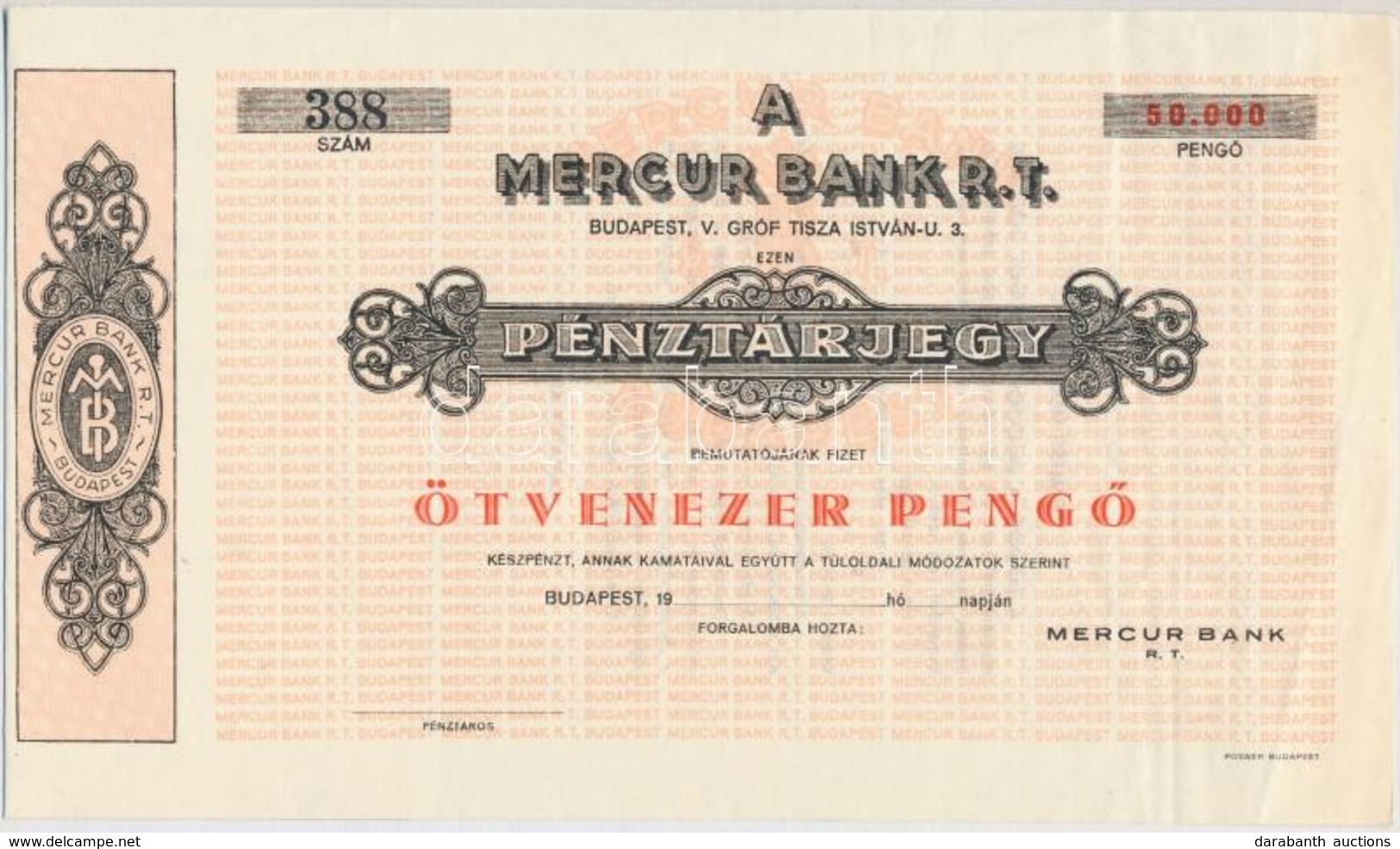 1926-1945. 'Mercur Bank Rt.' Bemutatóra Szóló, Kitöltetlen Pénztárjegye 50.000P-ről, Vízjeles Papíron T:I - Unclassified