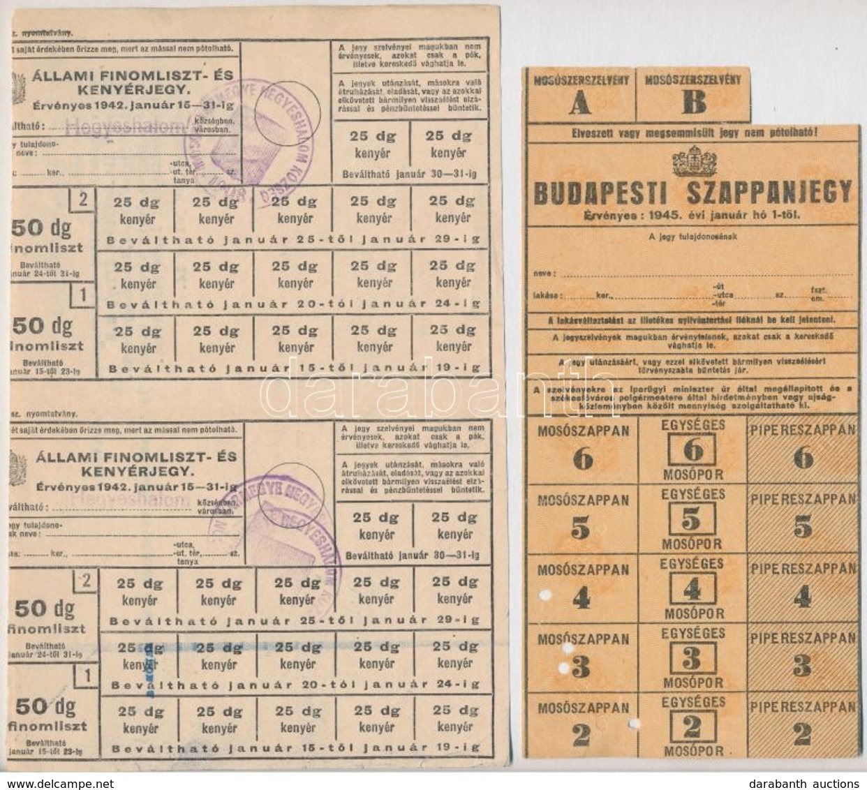 ~1942-1946. Élelmiszer- és Szappanjegyek, Illetve 'Nagy-Budapesti Pótjegy Irodai Munkások Részére' (4xklf) Kettő Bélyegz - Unclassified