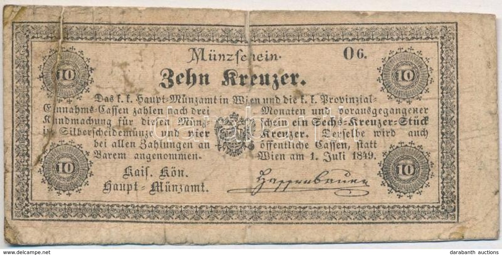 1849. 10kr 'K. K. Hauptmünzamt Münzschein' T:III- Szakadás
Adamo G85 - Ohne Zuordnung