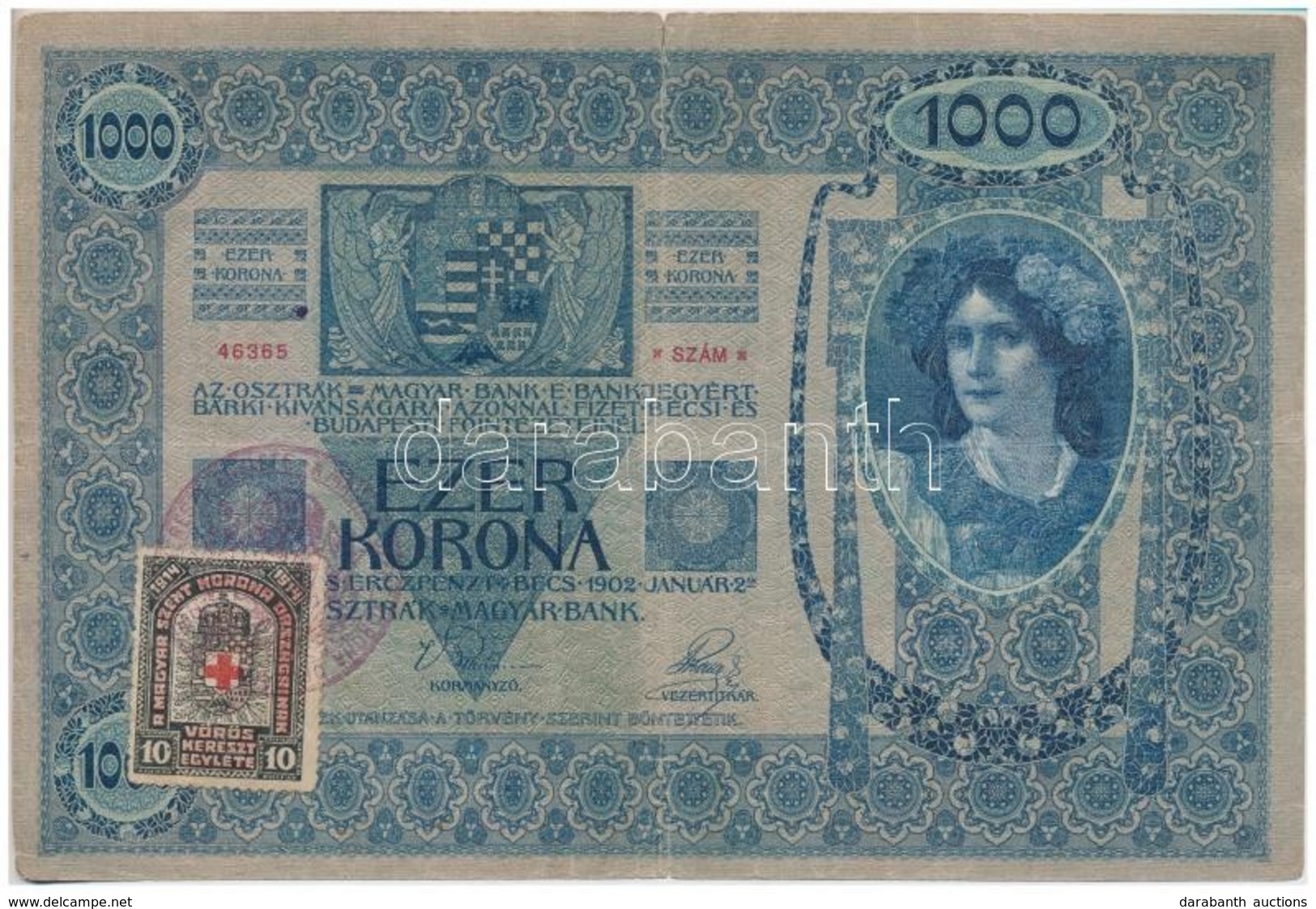 1902. 1000K Hamis 'A Magyar Szent Korona Országainak Vörös Kereszt Egylete' Bélyeggel és Körbélyegzéssel (fake Stamp And - Ohne Zuordnung