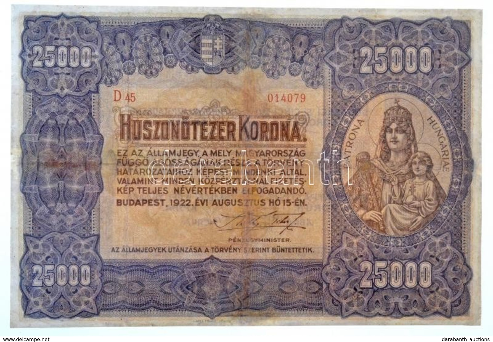 1922. 25.000K 'Orell Füssli Zürich' T:III- Restaurált  
Hungary 1922. 25.000 Korona 'Orell Füssli Zürich' C:VG Restored  - Unclassified